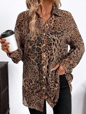Leopard Print Button-Up Sheer Oversized Blouse - Brown Size M